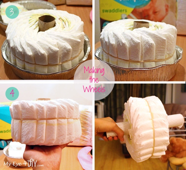 Making the wheels on the tricycle diaper cake